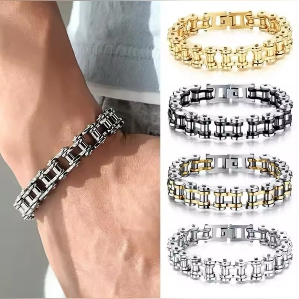 18K White Gold Motorcycle Biker Bike Link Punk Chunky Bracelet Men’s Unisex - Picture 3 of 6